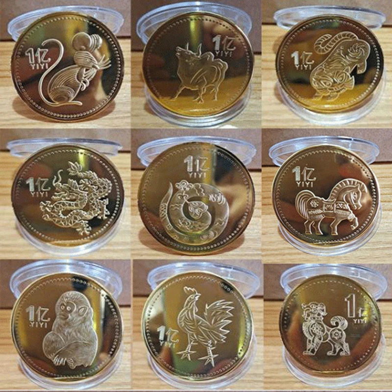 12 Zodiac Gold Plated Collectible Coin For Luck Chinese Feng Shui Tiger Dragon Rabbit Horse Animal Commemorative Coins New Year