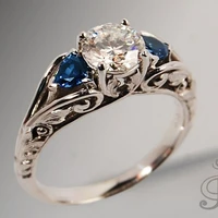 vintage metal hand engraved pattern ring inlaid with blue and white zircon womens simple daily wear ring