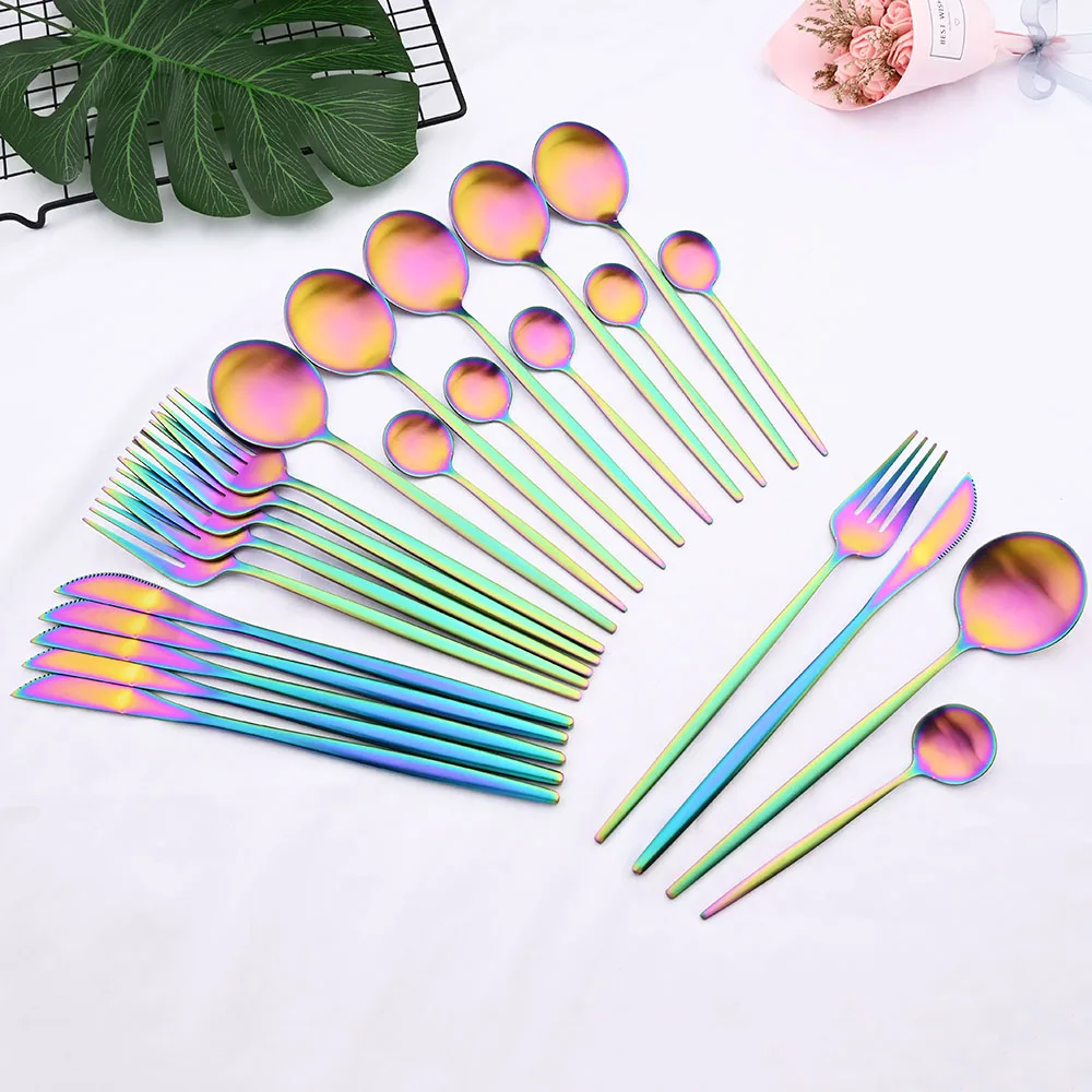 

Набор столовых приборов Rainbow, 24 шт., набор столовых приборов из нержавеющей стали, матовые золотые столовые приборы, набор столовых приборов ...