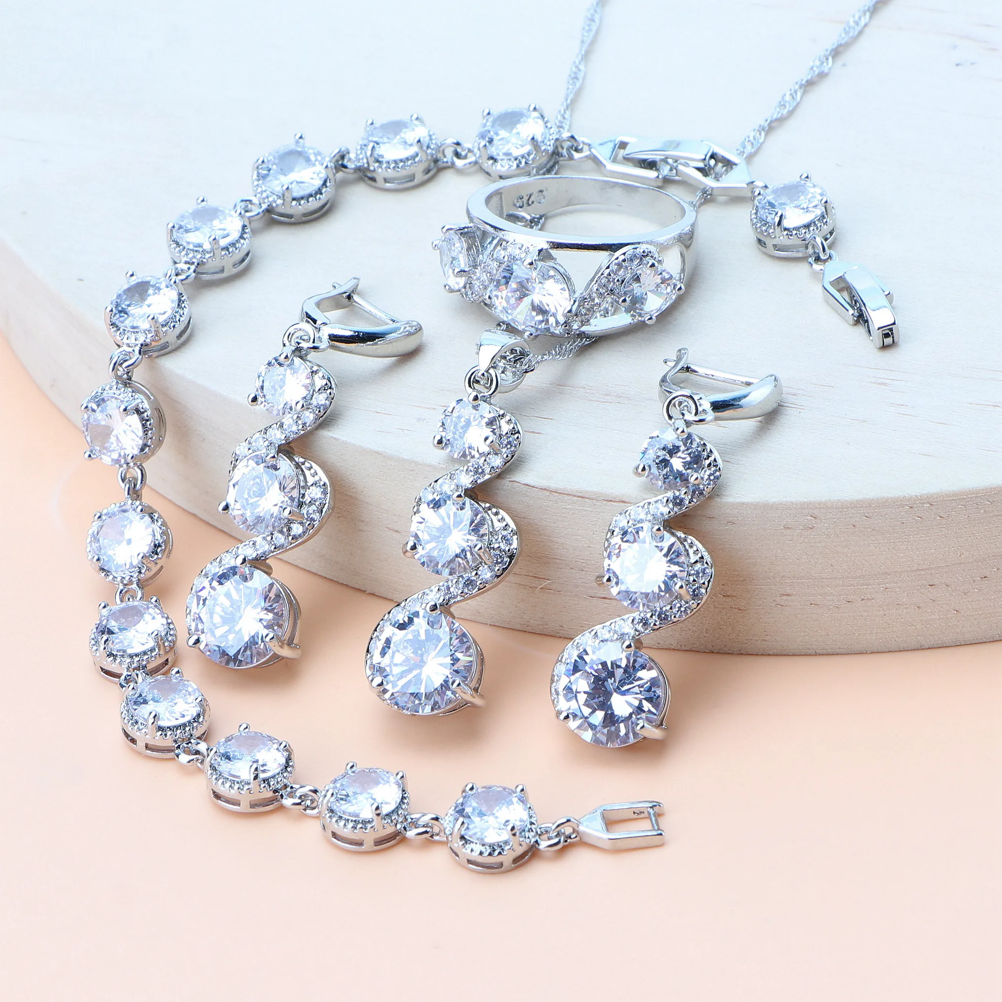 

Bridal White Zircon 925 Silver Jewelry Sets Rings Pendant Necklace Earrings Stones Bracelets Set For Women Wedding Jewelry