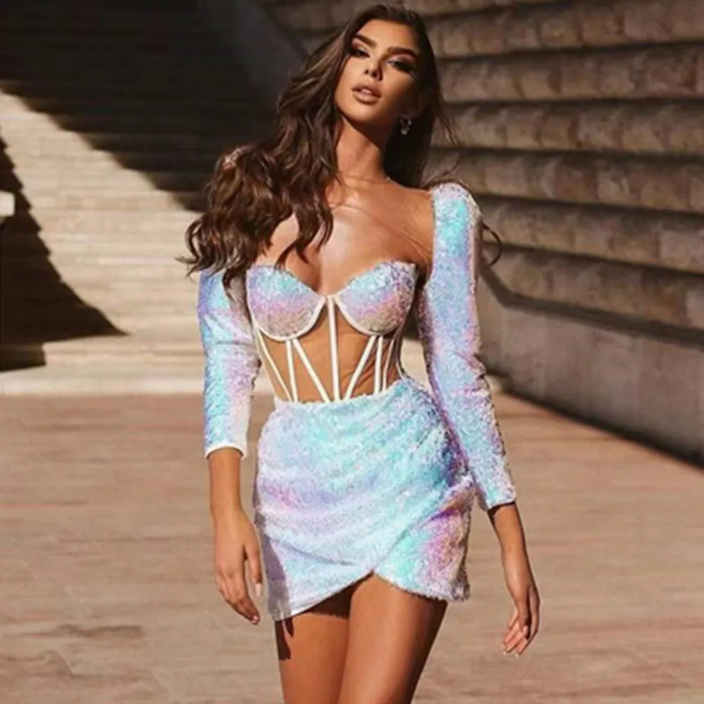 

Newest Luxury Women Spring Sexy Long Sleeve Mesh Sequins Glitter Mini Bodycon Dress 2022 Designer Evening Party Dress Vestido