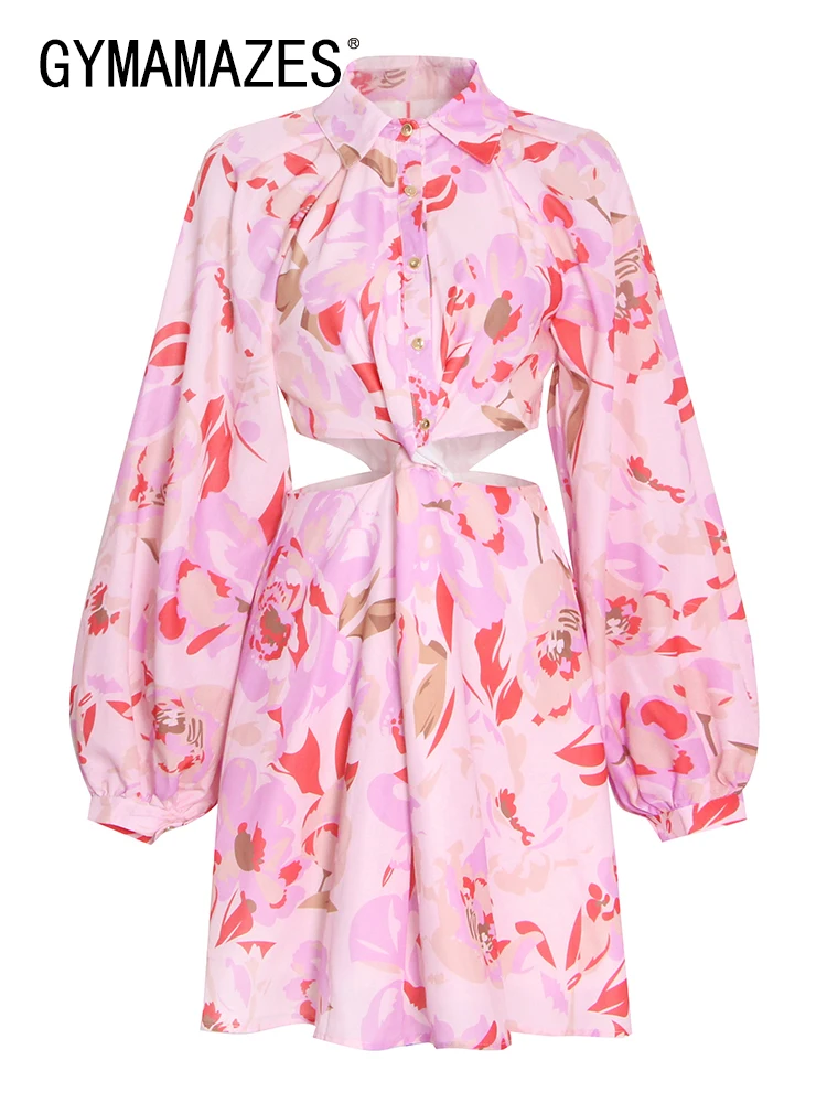 

GYMAMAZES Print Cut Out Mini Dress For Women Stand Collar Long Sleeve High Waist Colorblock Dresses Female 2022 Spring Clothing