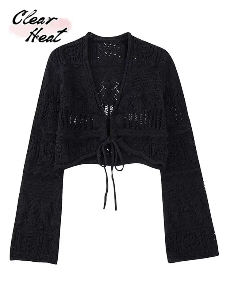 

2023 Balck Knitted Lace Up Cardigan For Women Sexy V Neck Long Sleeves Crop Outfits Fashion Ladies Streetwear Knitwear 2023