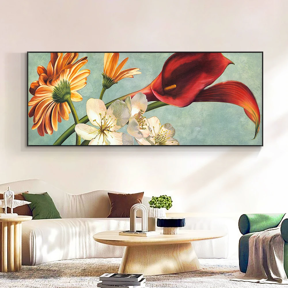 Абстрактная красная картина с цветами на холсте настенная современные фотообои
