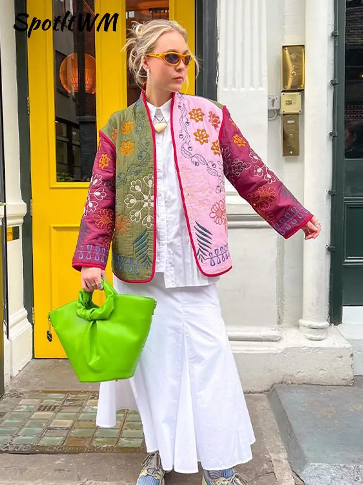 

Женская теплая хлопковая куртка с контрастным принтом на осень 2023, Модный Кардиган с длинным рукавом, повседневное женское плотное пальто в стиле бохо