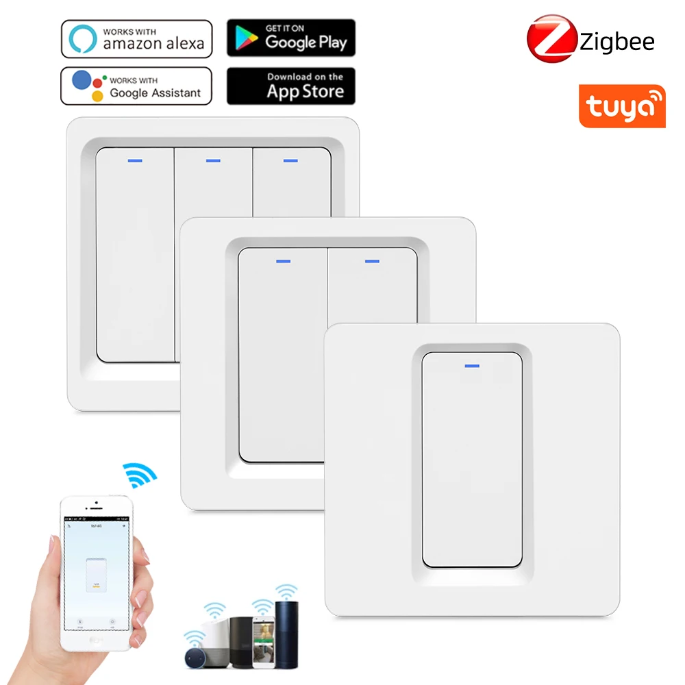 Настенный кнопочный переключатель Zigbee, ЕС переключатель с 1/2/3 клавишами, нулевой провод, для умного дома, поддержка Alexa Google Home
