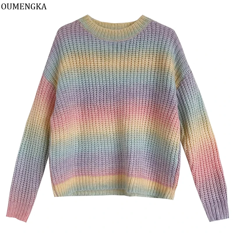 

Женский свободный вязаный свитер, Повседневный свитер радужной расцветки в полоску, с длинным рукавом, в стиле Харадзюку, уличная одежда для отдыха на осень