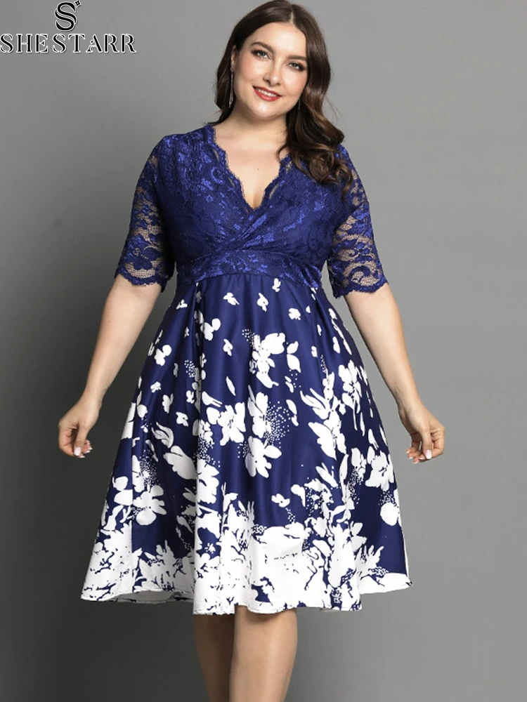 

SHESTARR Plus Size Dresses Lace Short Sleeve Printed High Waist Swing Dress Fashion 2022 Curvy Summer Chic and Elegant Dresses