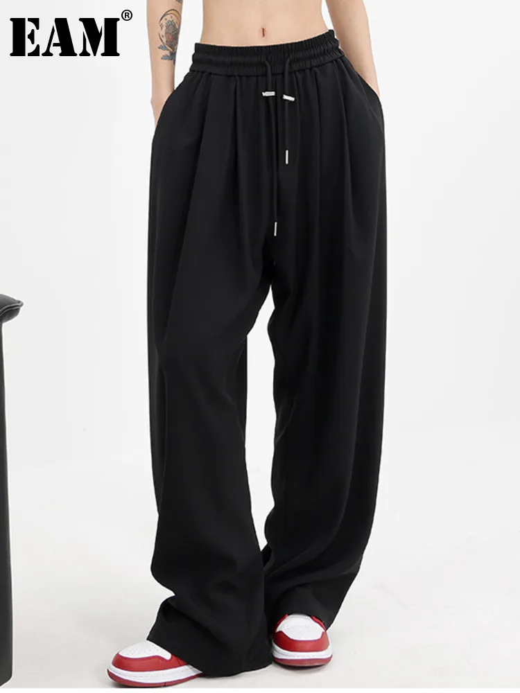

[EAM] High Elastic Waist Black Pleated Drawstring Pants New Loose Fit Trousers Women Fashion Tide Spring Autumn 2023 1DF5657