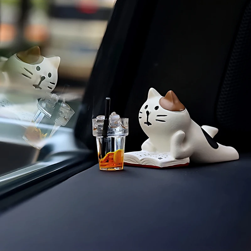 

Милые украшения для интерьера автомобиля, забавное украшение для чтения котенка, украшение для приборной панели автомобиля, фигурка для женщин, аксессуары для салона автомобиля