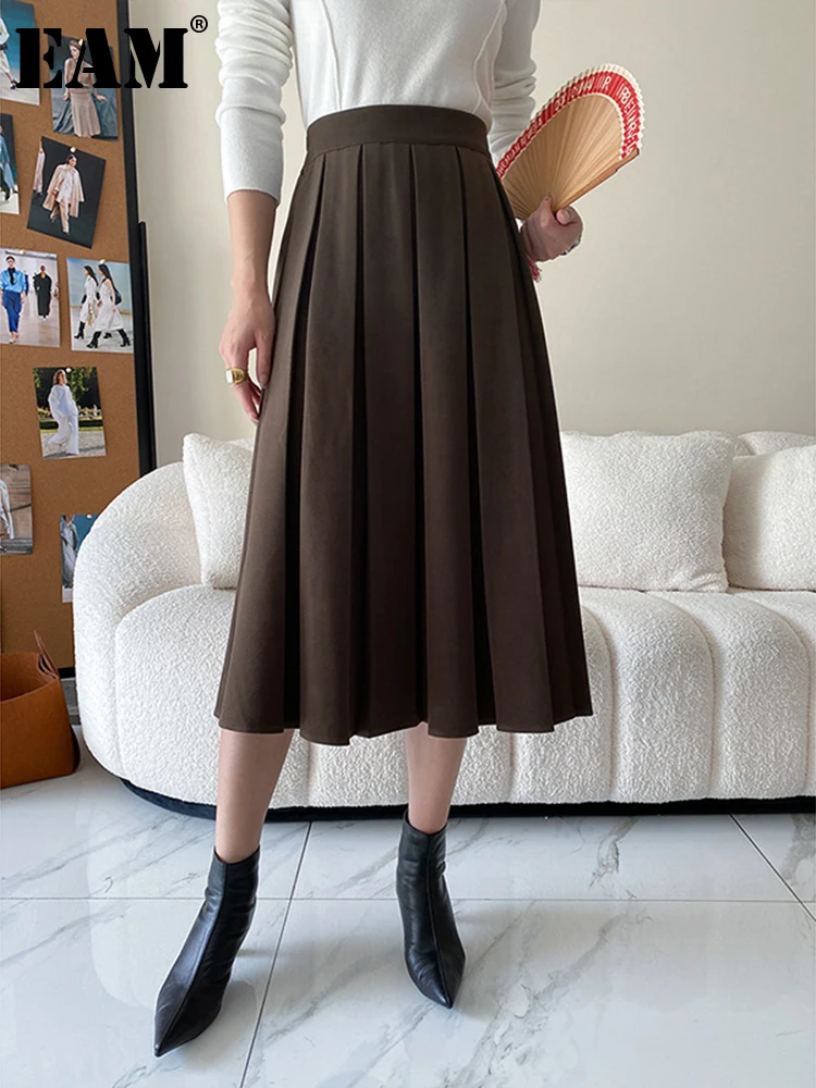 

[EAM] High Elastic Waist Brown Pleated Long Elegant Woolen Half-body Skirt Women Fashion Tide New Spring Autumn 2023 1DF2049