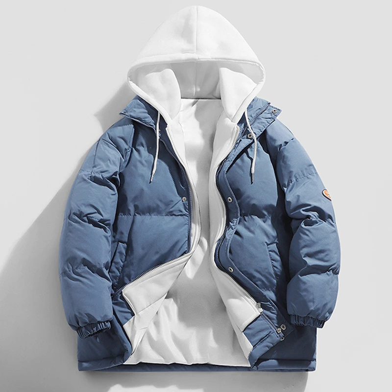 Winter Patchwork Hooded Puffer Jacket for Men Korean Fashion Trends Streetwear Teenage Soft Bubble Coats Oversized Casual Parkas