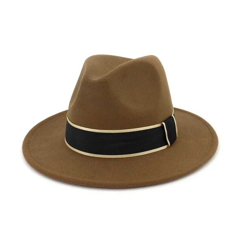 

Панама фетровая унисекс, модная шерстяная шляпа с декоративной лентой, с плоскими полями, в стиле джаз, деловая шляпа-котелок, Дерби для мужчин и женщин