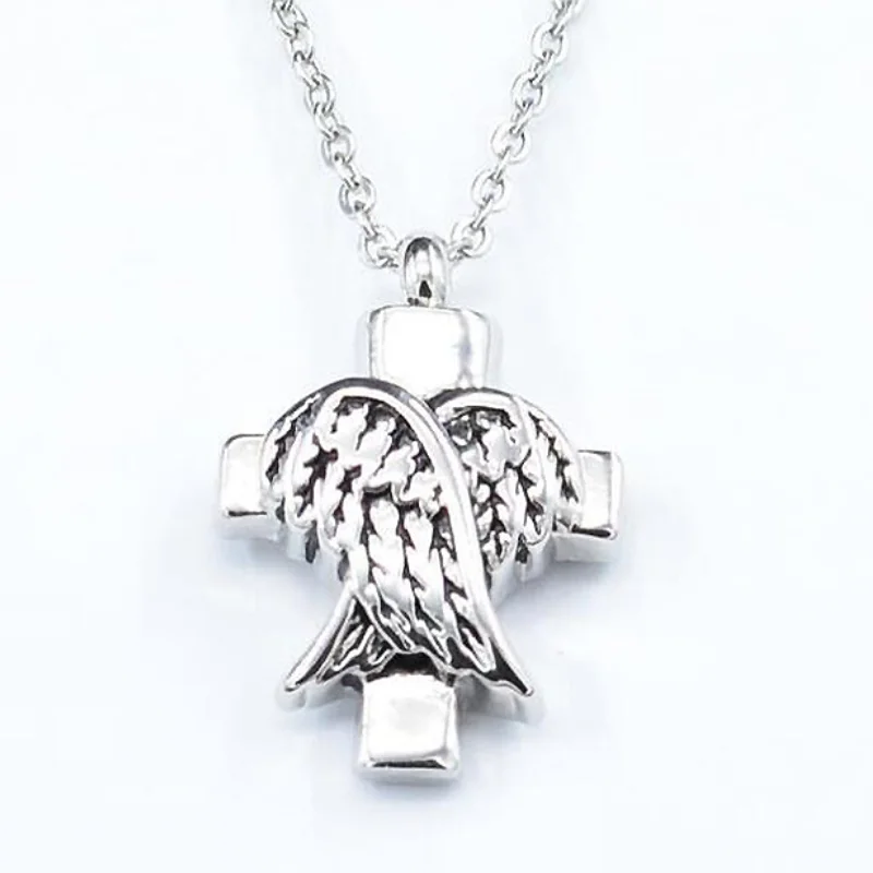 

New Cross Angel Wings Pet Animal Urn Pendants Necklaces for Women Silver Openable Perfume Bottle Jewelry Necklace Wholesale