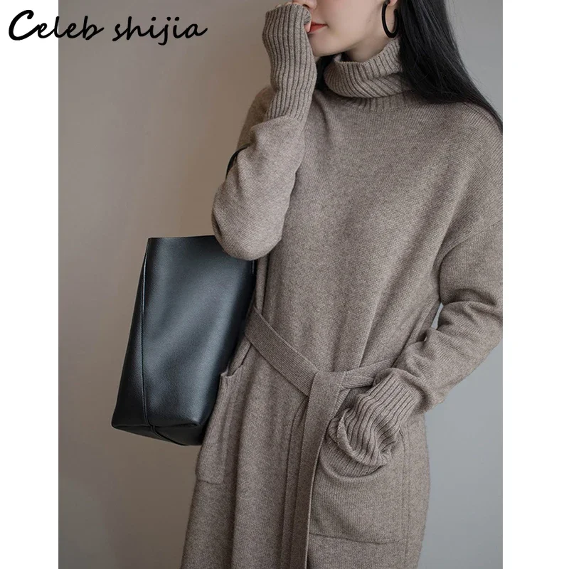 Женское шерстяное платье-свитер с высоким воротником и длинным рукавом