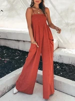 women sexy suspenders backless jumpsuits sleeveless pocket ruffles bodycon casual wide leg pants solid color ladies new overalls