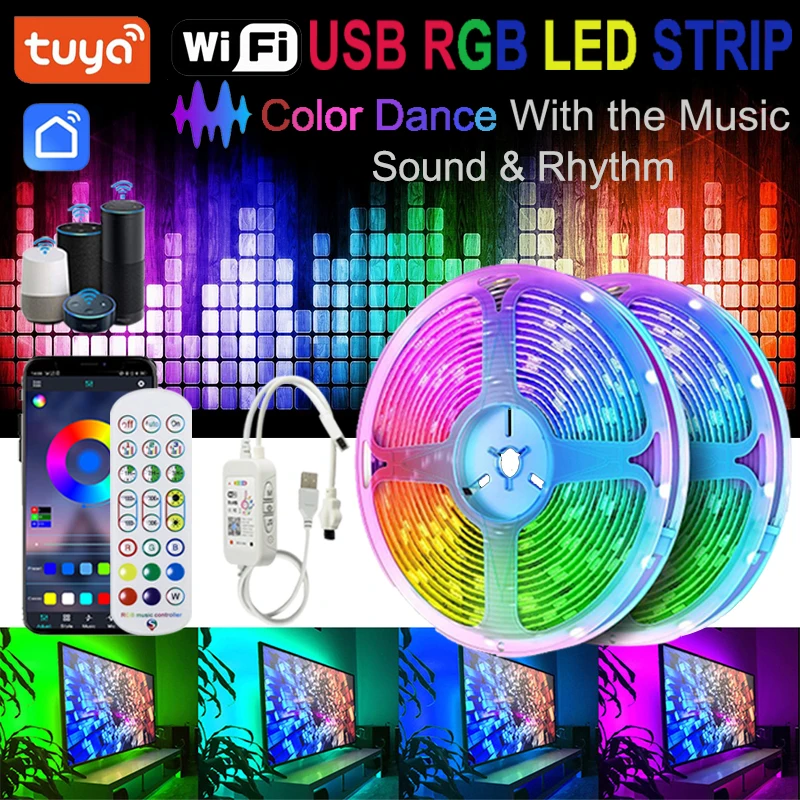 

Tuya Wifi Led Strip Light Rgb Controller Alexa Google Home Smart Led Lights Strip TV Rgb Led Tape 5V Usb Room Decoration