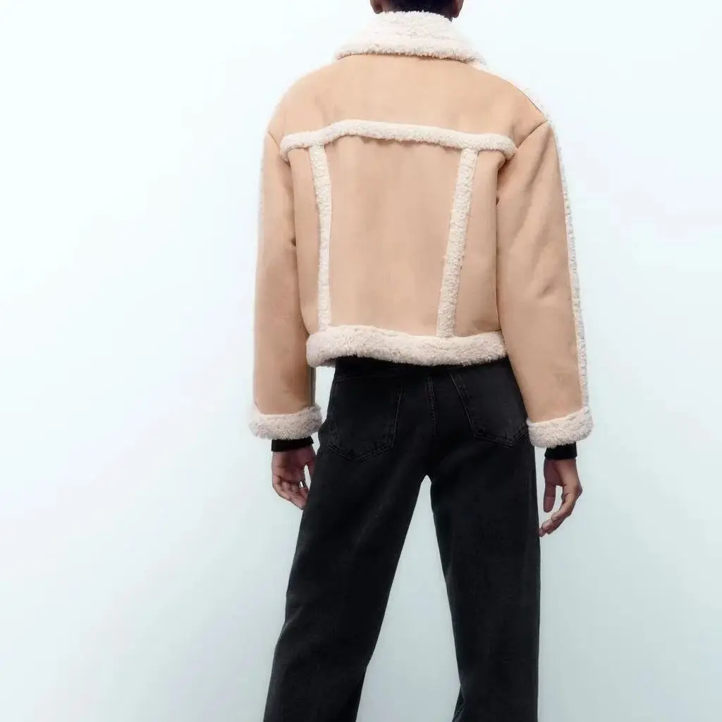 Spring And Autumn Women's Khaki Lapel Zipper Fleece Splicing Reversible Jacket Warm Fashion