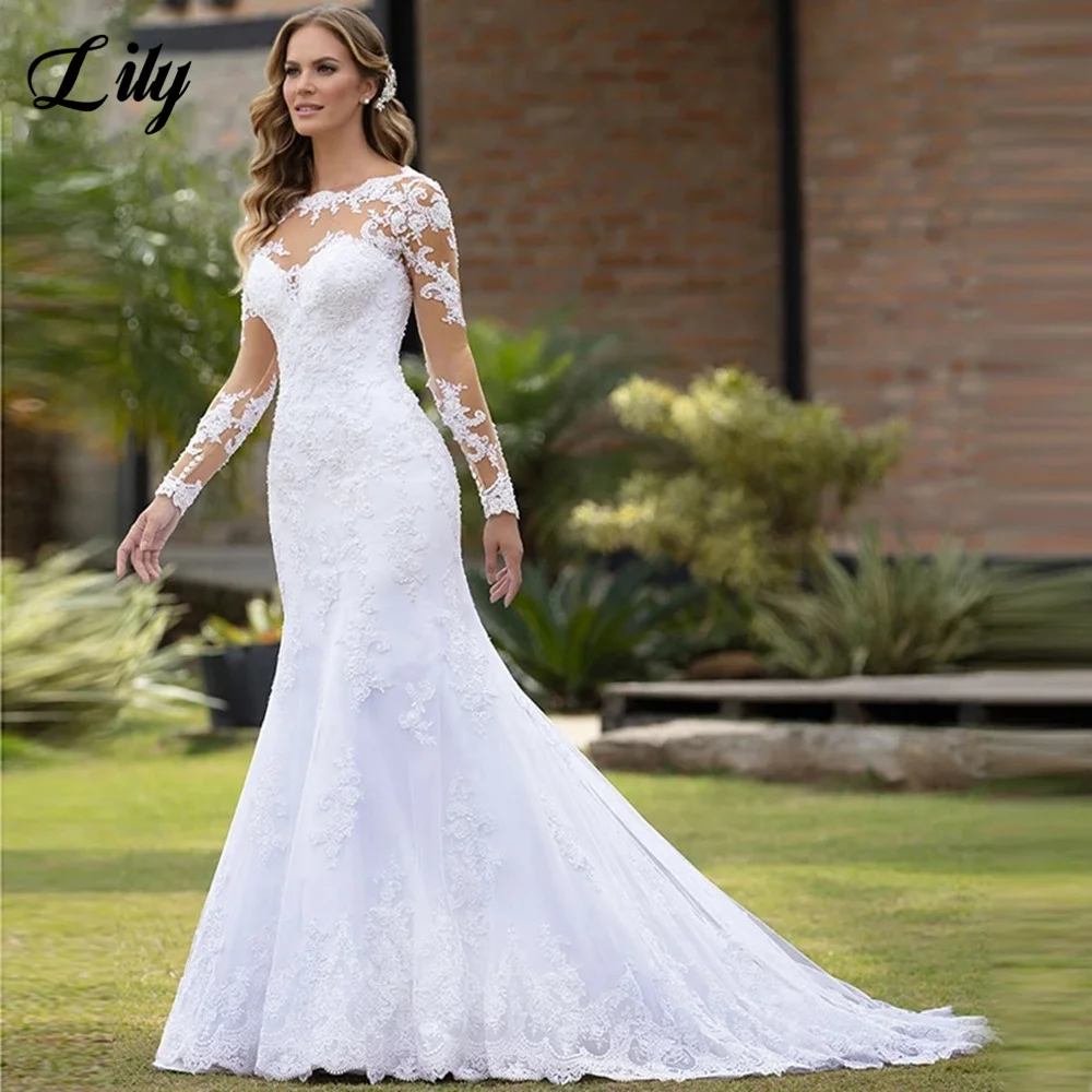 

Sexy Illusion Lace Appliques Wedding Dresses Mermaid Long Sleeves Bride Gowns Bridal Robes Cheap Wedding Button Robe De Mariee