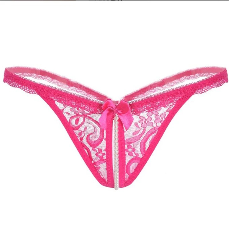 

New Open Crotch Knotbow Pearl Thong Sexy Print G String Women Lingerie Lace Panties Underwear T Back Low-Rise Lace Briefs female