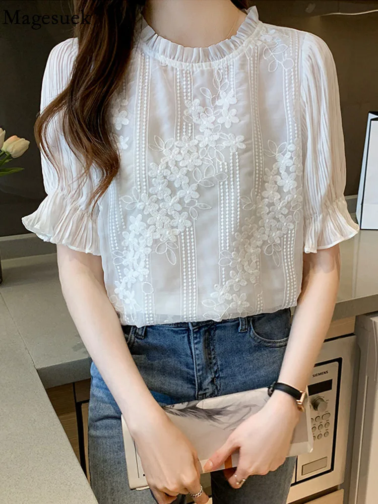 

Short Sleeve Lace Summer Women Blouse Embroidery Chiffon Blouse Shirt Blouse Women Blusas Mujer De Moda 2022 Blouses Femme 18927
