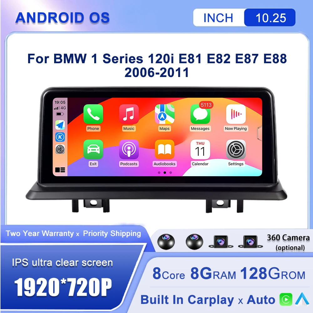 CarPlay Auto 10 25 дюймов Android 14 для BMW 1 серии 120i E81 E82 E87 E88 2006-2011 Автомобильный плеер