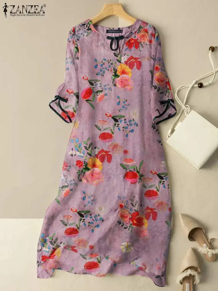 

ZANZEA Casual Long Robes Vintage Women Dress 2023 Summer Half Sleeve Round Neck Printing Midi Dress Elegant Button Knot Vestidos