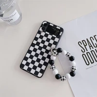 checkerboard beaded hand string phone case for samsung galaxy z flip 3 z flip 4 hard pc back cover for zflip3 zflip4 case shell