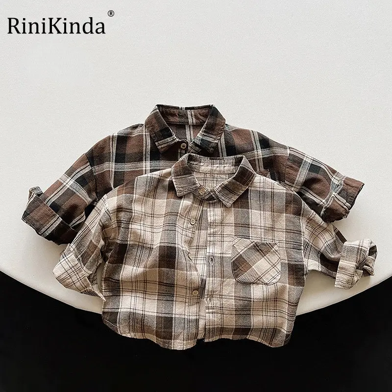 

2023 Весенние Новые корейские хлопковые рубашки rinikind для маленьких мальчиков и девочек клетчатые свободные топы с отворотом детская одежда д...