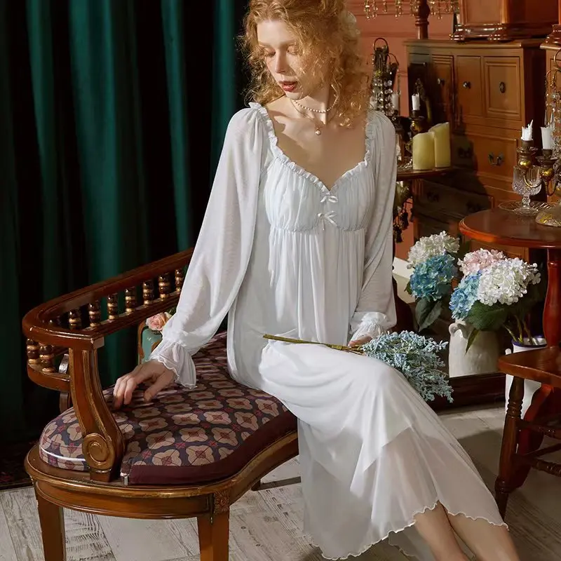 Women's Spring Autumn Noble Elegant  with Chest Pad Gauze Modal  Nightgowns Sleepshirts Comfort Sleepwear Pajamas