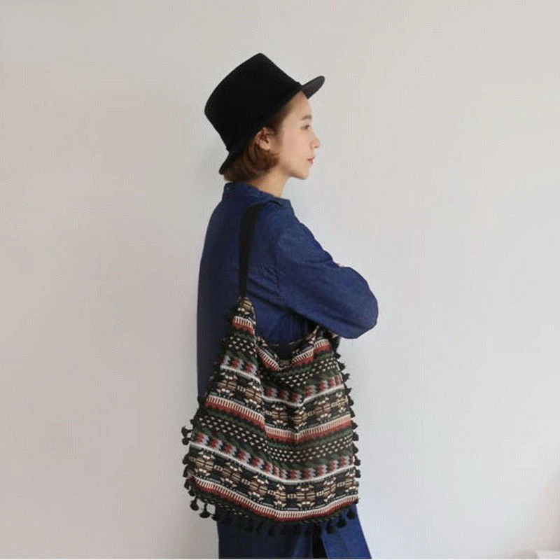 

Bohemian Ethnic Vintage Tassel Fringe Tote Handbag Shoulder Bag Women Gypsy Knitting Woven Shopping Books Bags Free Shipping New