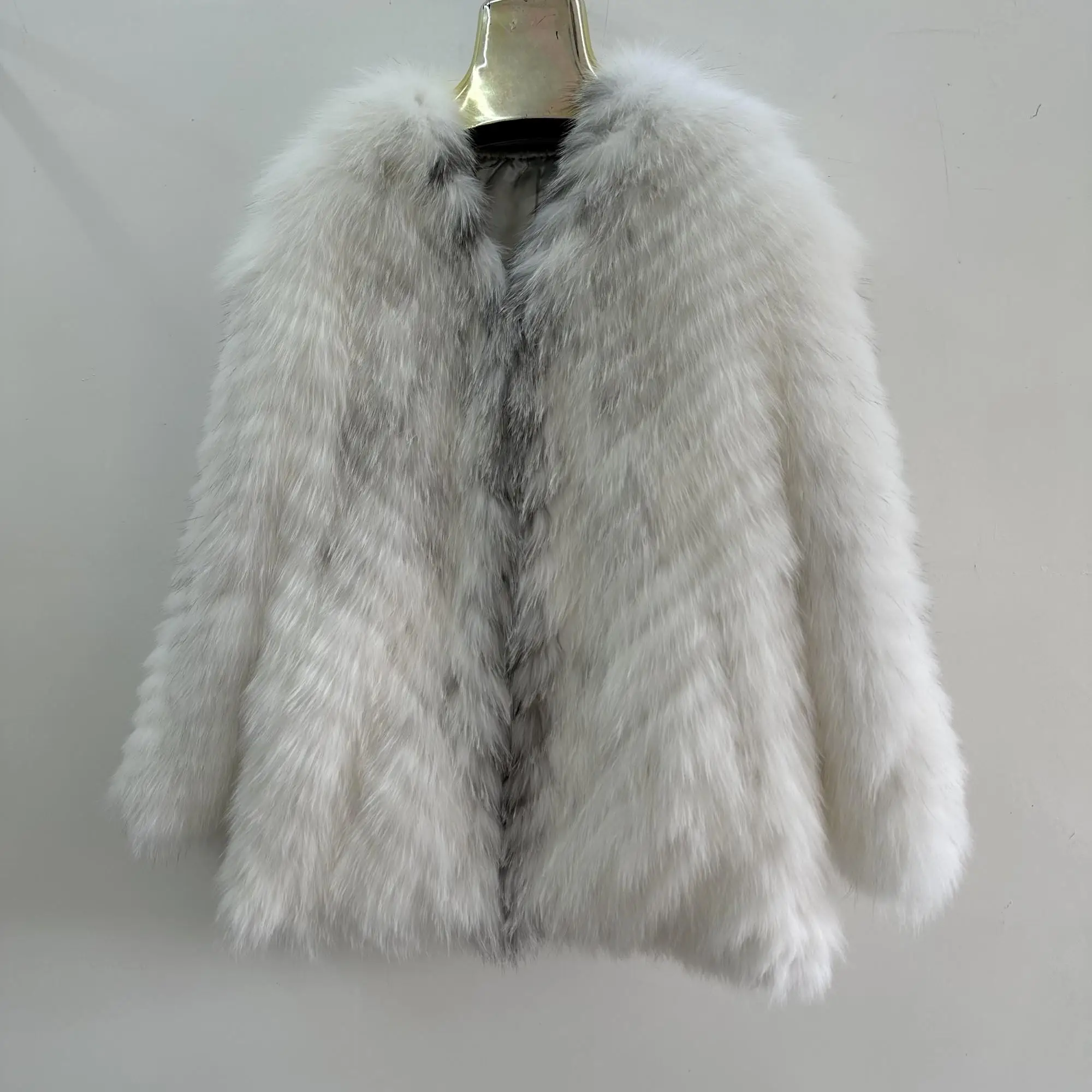 FURTJY 100% Genuine Fox Fur Jacket Silver fox fur knitted coat with Striped Style Outfit Female Outerwear Fox Fur Outerwear 80CM