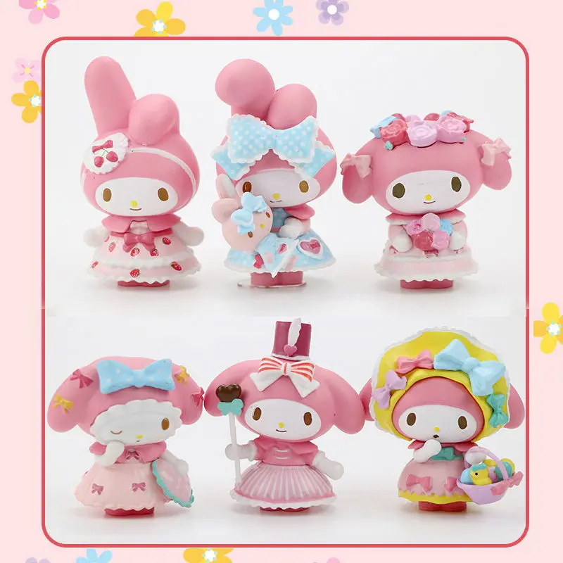 

Набор милых фигурок Sanrio, 6 шт., аниме-модель My Melody, милые фигурки героев мультфильмов, декор для торта, домашнего автомобиля, подарок для девоч...