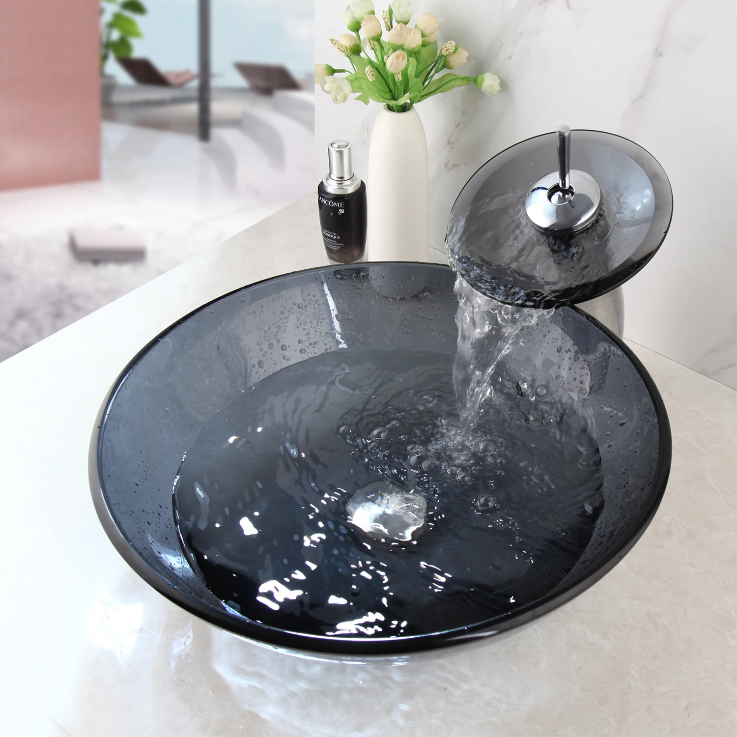 

YANKSMART Bathroom Basin Bowl Sinks Vessel Basins Bathroom With Glass Waterfall Mixer Hair Wash Basin Set Glass Hand Faucet