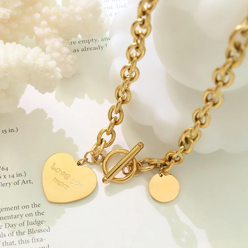 

OT Buckle Heart Love Round Clavicle Dainty Necklace Trend Fashion Women Stainless Steel Chokers Necklaces & Pendants Jewelry