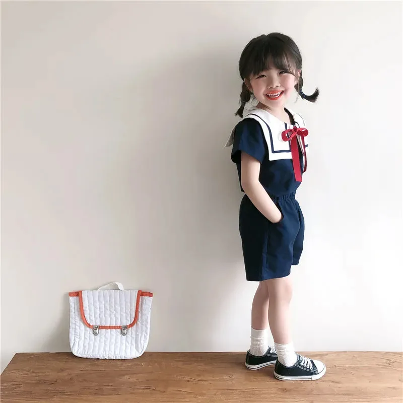 Freely Move Japanese Korean Kids Sailor Collar Cotton Linen Bowknot T Shirt+Short Pants 2pcs Summer Clothes Set Boys Girls Suit