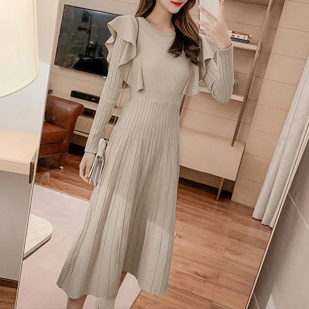 

Casual Women Dress Fresh Solid Color Long Sleeve Elegant Pullover Patchwork Round Neck Ruffle Spring Autumn A-line Ladies Dress