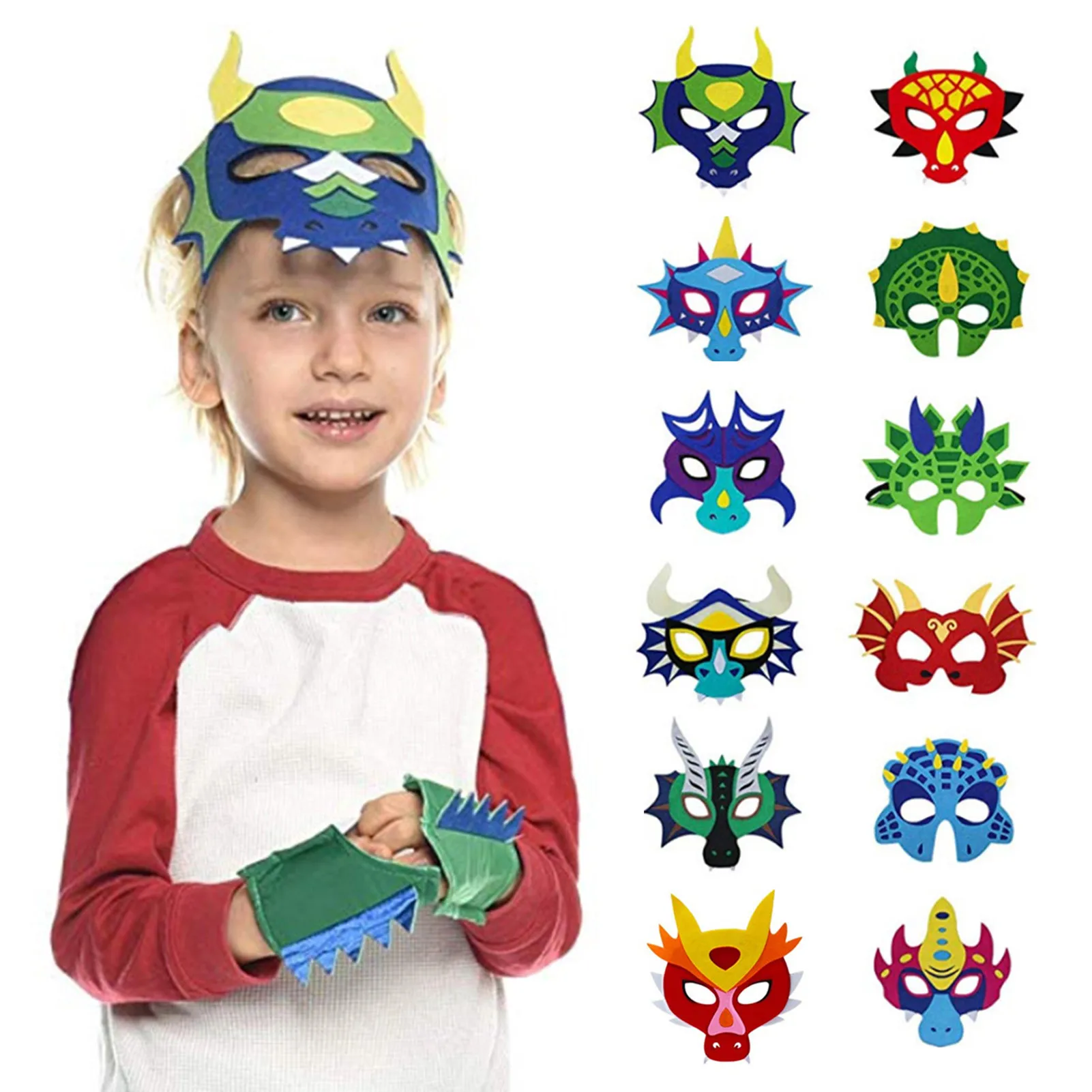 

12pcs Felt Dinosaur Party Costume Mask Set Birthday Jurassic Parkss Cosplay Costumes Dress-Up Dino Birthday Supplies Favor Gift