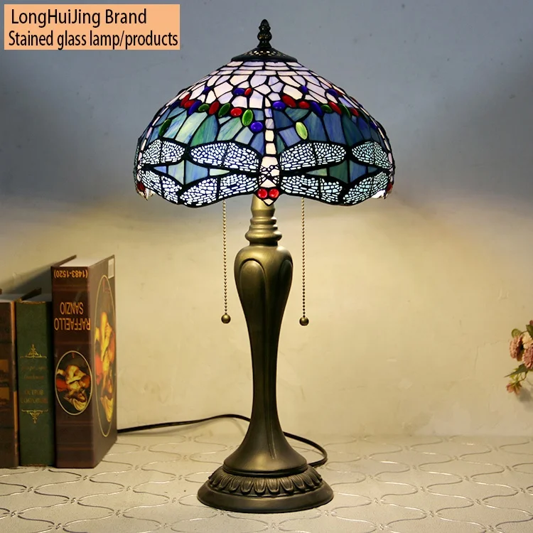 

LongHuiJing 12 Inch European Pastoral Retro Tiffany Table Lamp With Colorful Dragonfly Pattern Shade Lighting