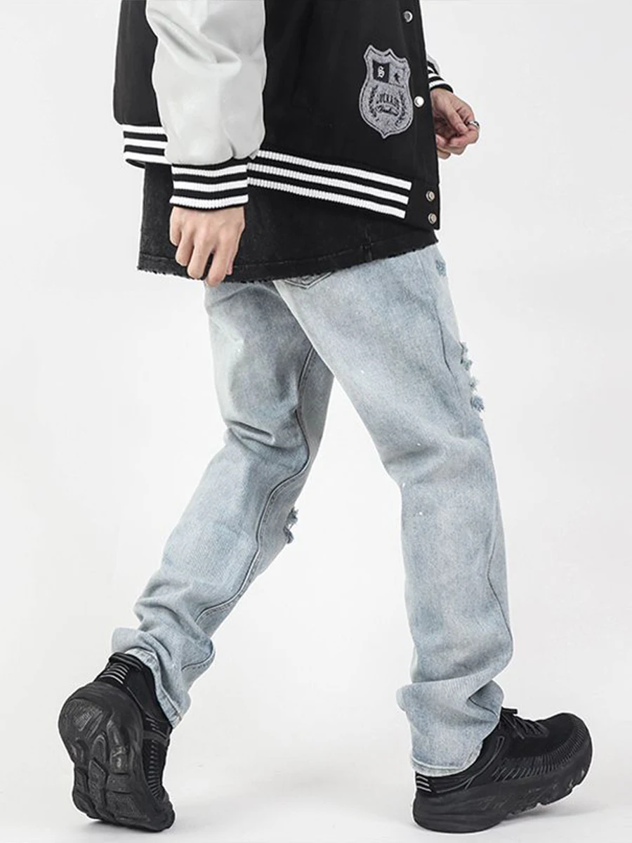 Four Seasons European and American High Street American Retro Washed Straight Loose Ripped Jeans Men Are Trendy Men's Clothing