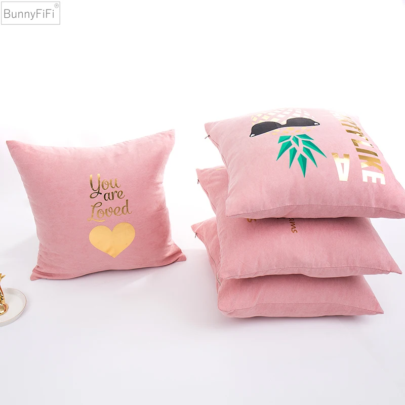 

Cover Pillow Cozy Soft Gold Pink Foil Girls Room Heart Pineapple Home Decorative Cushion Cover For Sofa Bed 43x43cm Zip Open