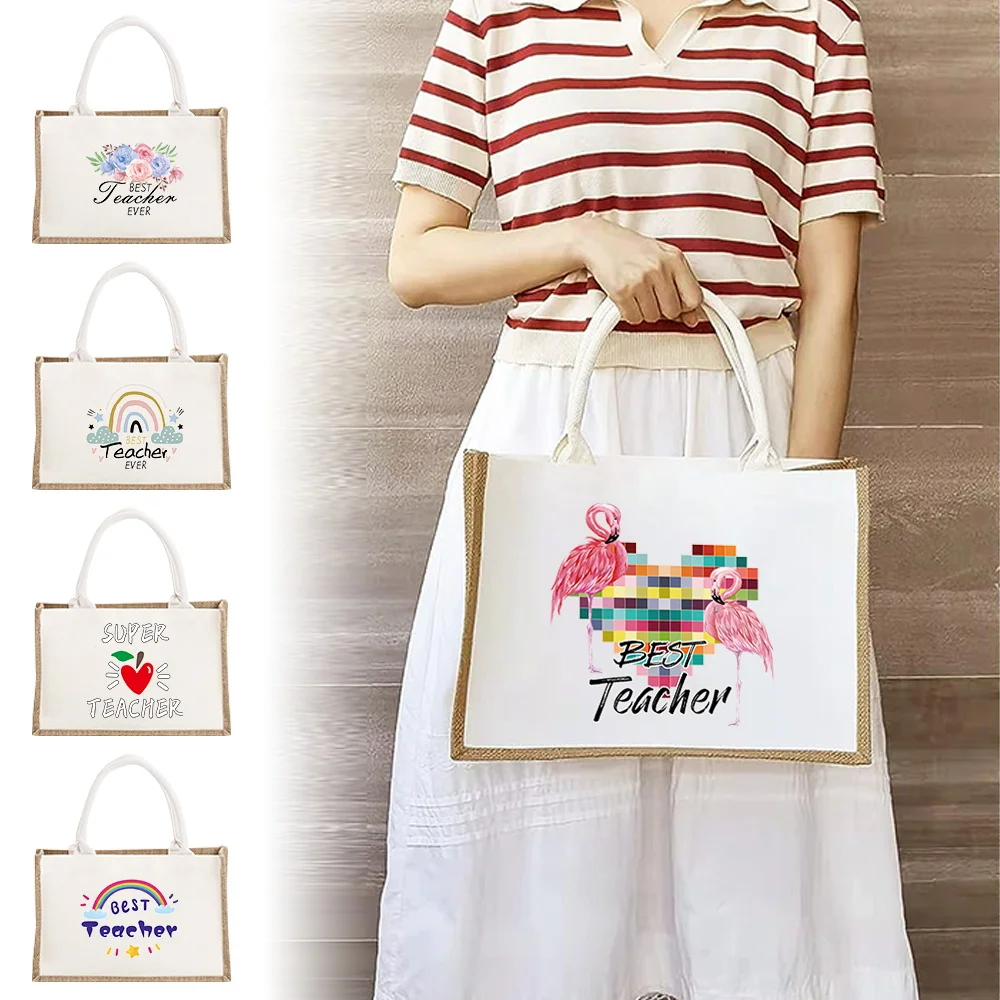 

Многоразовая Джутовая сумка для покупок, сумки для женщин, эко-сумка для продуктов, женская сумка-тоут, тканевая сумка для покупок, кошелек с принтом учителя