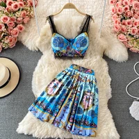 vintage chic two pieces dress set for women summer sleeveless crop camisole top mini skirt lady holiday party skirt suits