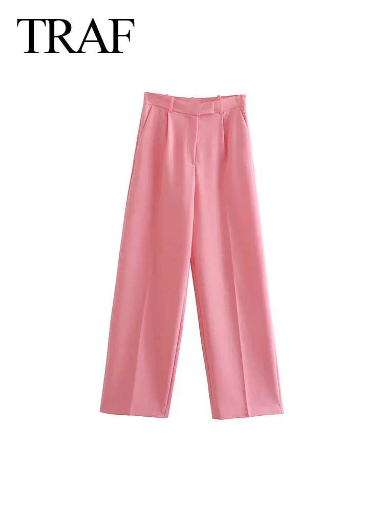 

TRAF Women's Trousers High-waisted Wide-leg Pants Trousers Pink Age-reducing Street Fashion Daily Office College Style Girls