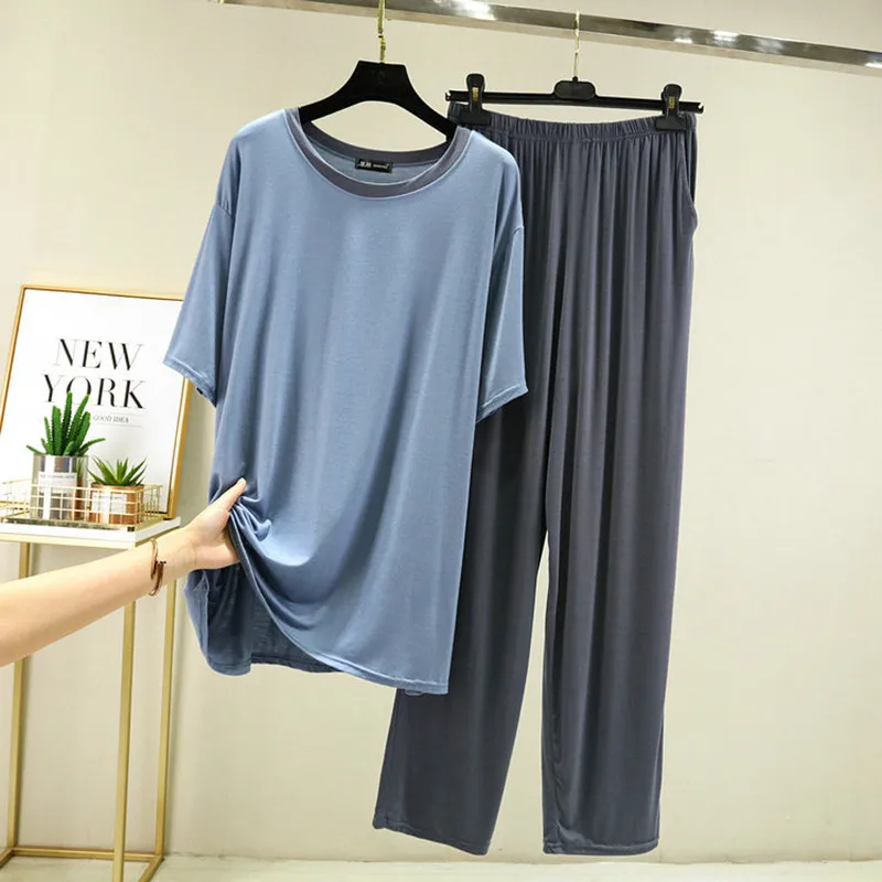 Summer Pajamas Set Casual Sleepwear For Women Elastic Short Sleeve Shirts Pyjama Women's Simple Color O-Neck Fashion Clothes