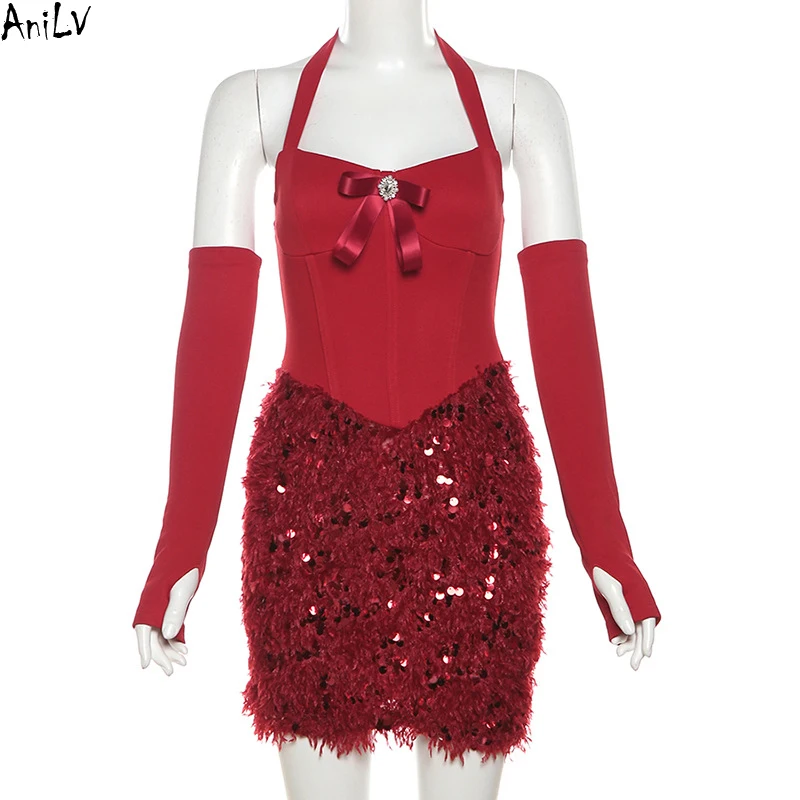 AniLV 2025 Новогоднее блестящее платье с бретелькой на шее пайетками рождественская