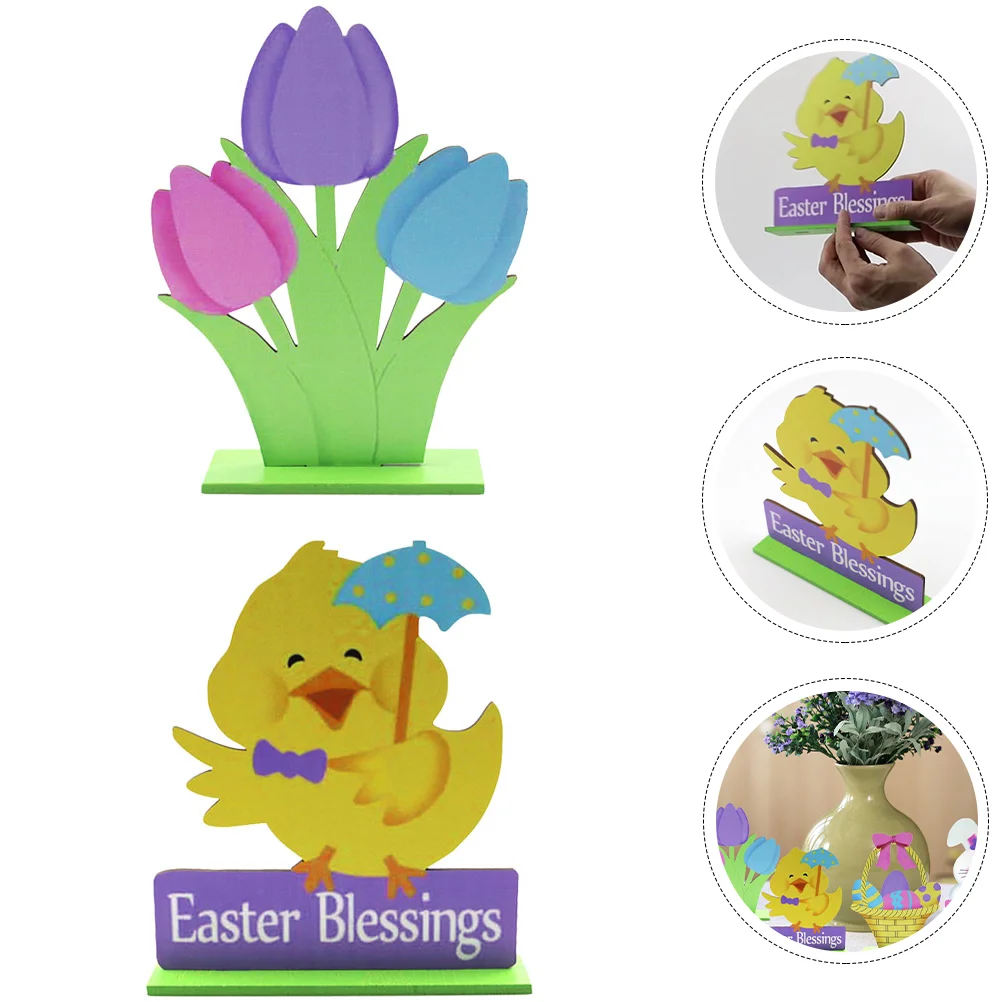 

2Pcs Creative Cartoon Easter Decor Unique Desktop Adornment Party Wood Ornament