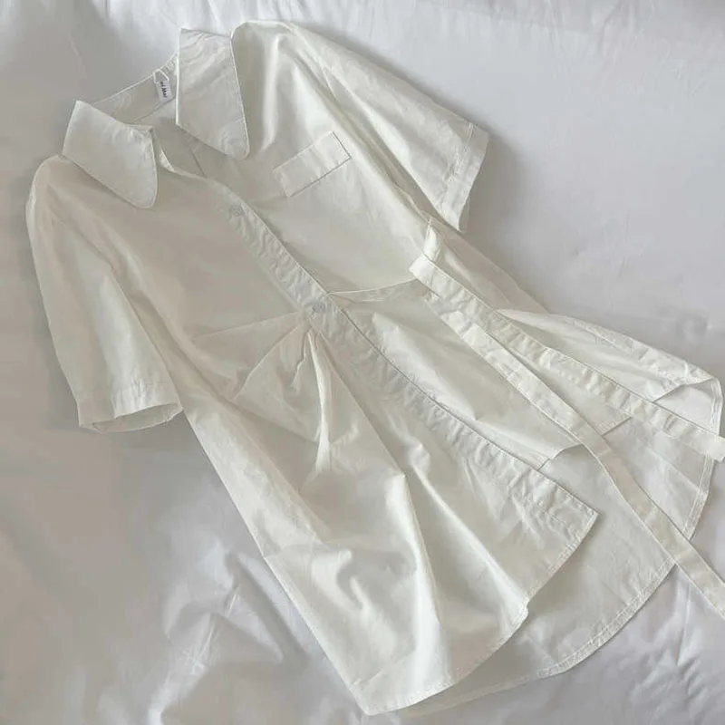 

2022 Summer Solid Shirt Dress Office Lady Chic Simple Sashes Long Robe Women Vestidos Midi Dresses Asymmetric Long Blouse