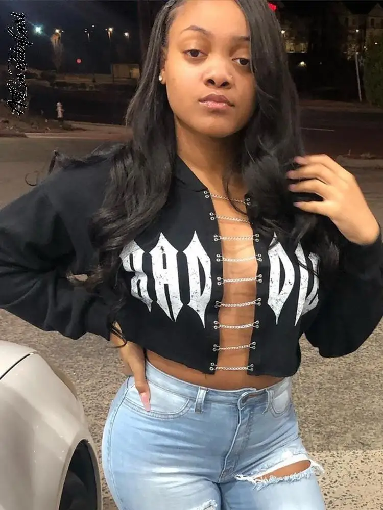 

Black Hoodie Long Sleeve Sweatshirts Cropped Top Women Gothic Punk Y2K Clothes Autumn Winter Streetwear Chain Hollow Out Hoodies