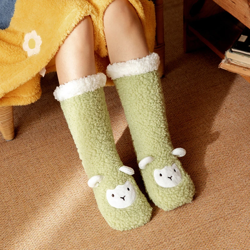 Kawaii fluffy Sock Thermal Womens Plush Grip Winter Warm Soft Female Home Indoor Silicone Non slip Thick Slipper Floor Sock